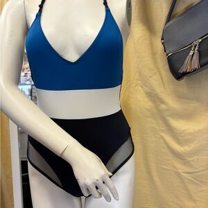 Elegant Blue and Black One-Piece Swimsuit